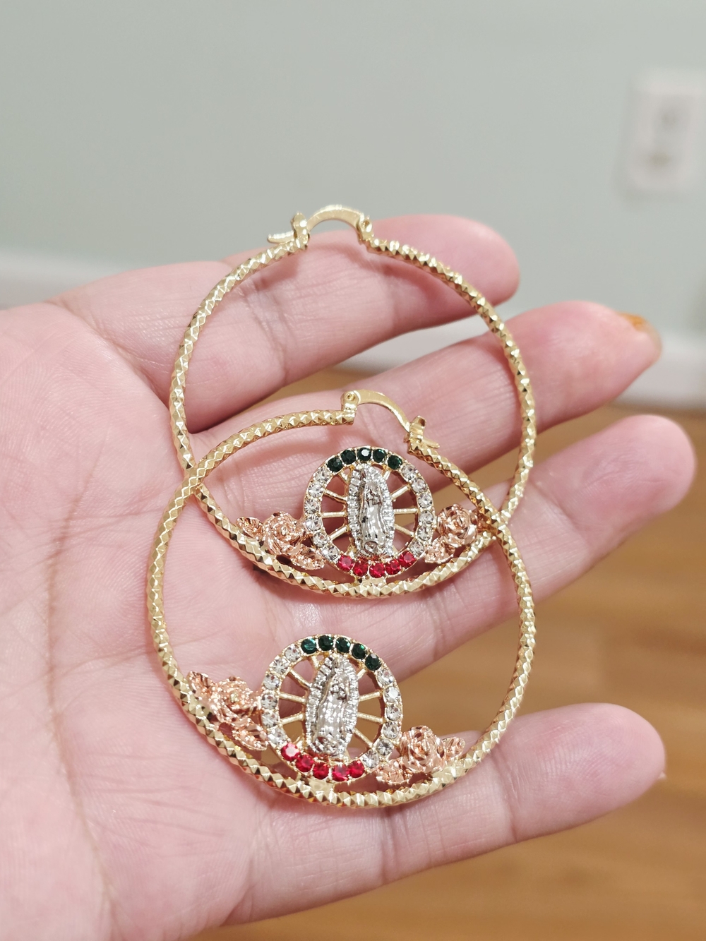 Gold-Tone Hoop Earrings with Green & Red Accents